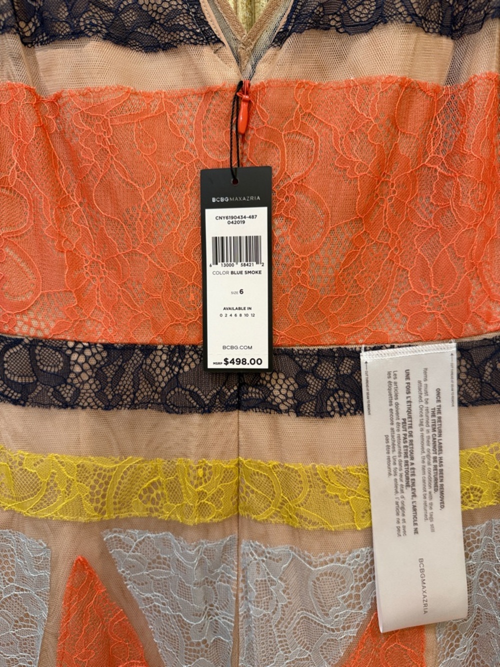 NWT BCBGMaxAzria Coral, Yellow & Navy Lace Midi Dress
